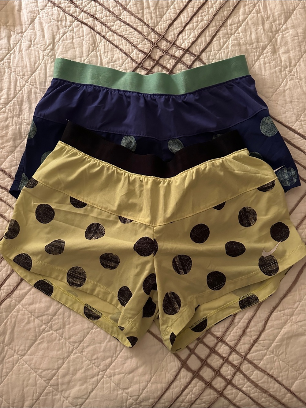 Women’s Nike Dot Athletic Shorts - Yellow & Black, Navy & Green. Two Pairs.
